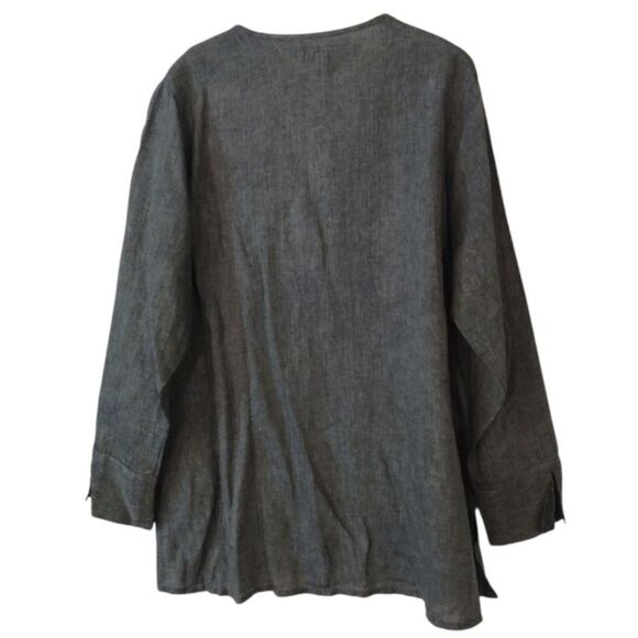 Flax Women's Size Medium 100% Linen Button Down Long Sleeve Oversized Green Top - Picture 4 of 11
